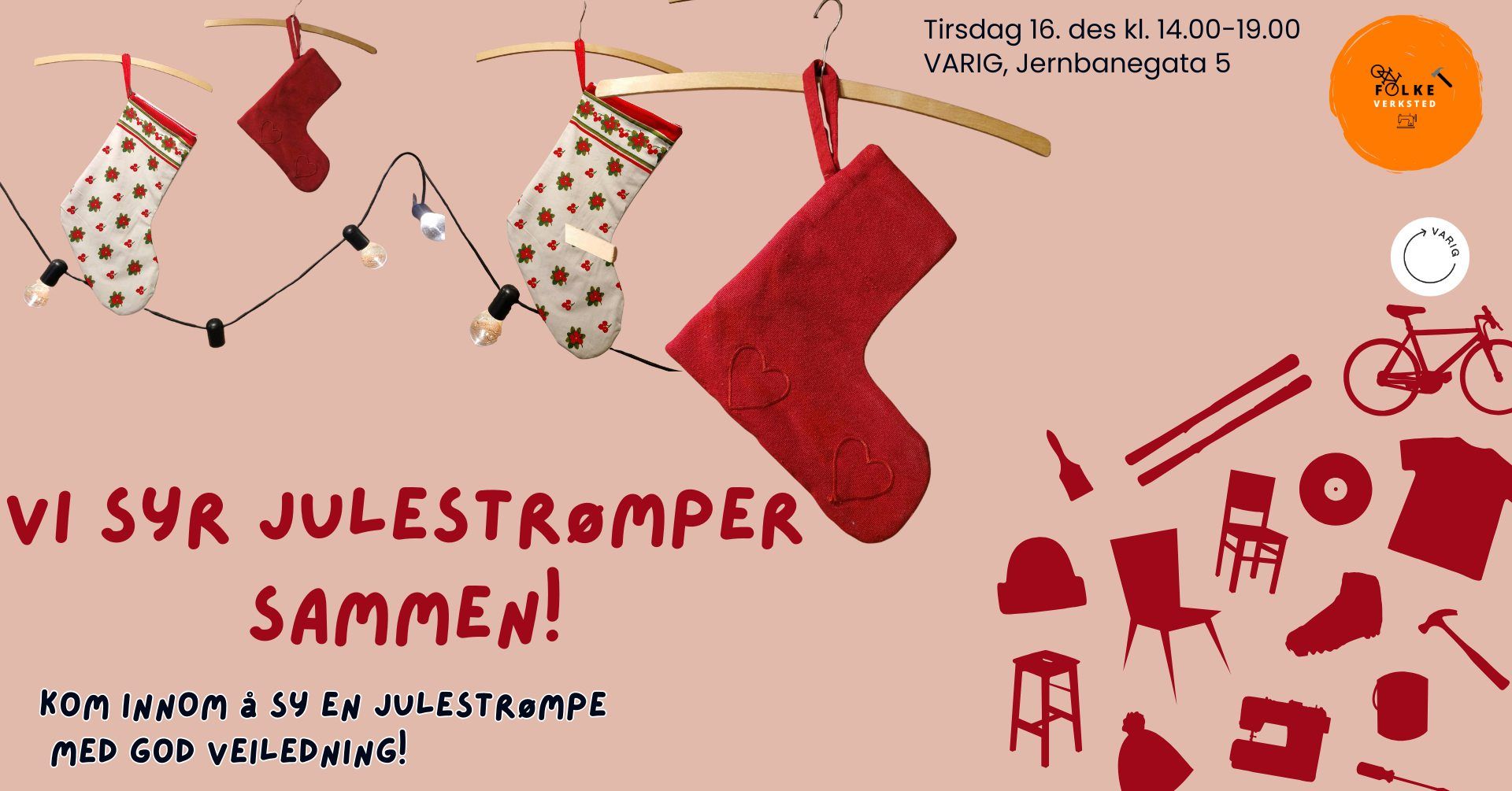 Bildet er en header med røde julestrømper og informasjon om arrangement på folkeverkstedet om å sy julestrømper torsdag 19. desember